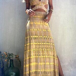 Karleedress V Neck Sleeveless Cut Out Waist Side Slit Tie Dye Maxi Dress